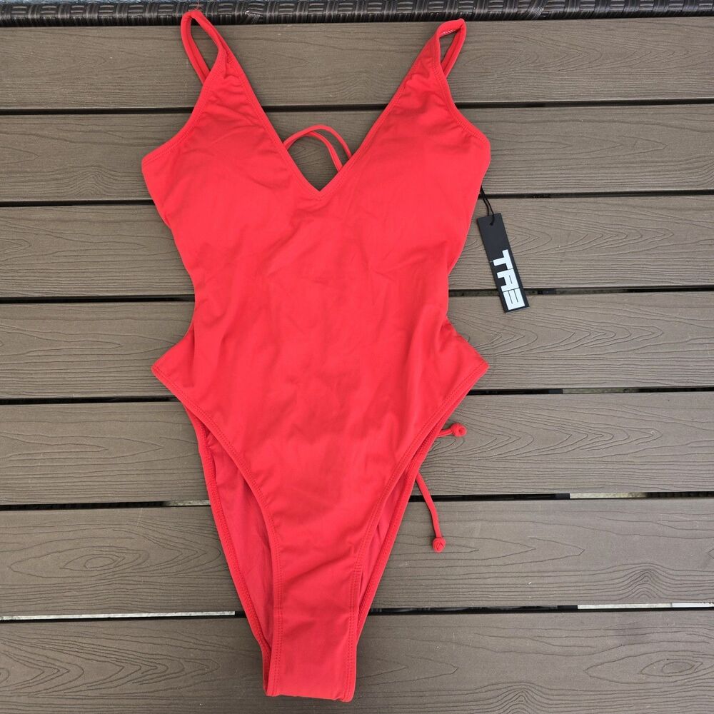 TA3 Plungy Hi Cut Red Swimsuit 1 Piece Short Torso Corset Waist Swim Size XS NEW